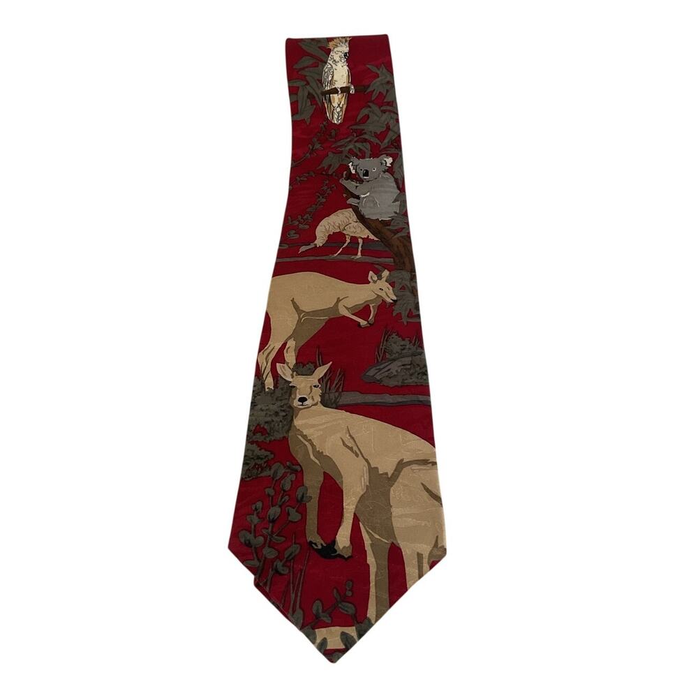 WWF World Wildlife Fund 100% Silk Tie Australia Wildlife Kangaroo Koala Red